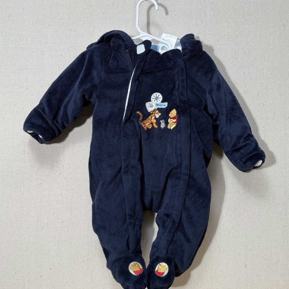 Disney Baby Winnie Pooh Bunting 0-3M Blue Hooded Fleece Footed One Piece *flaw*